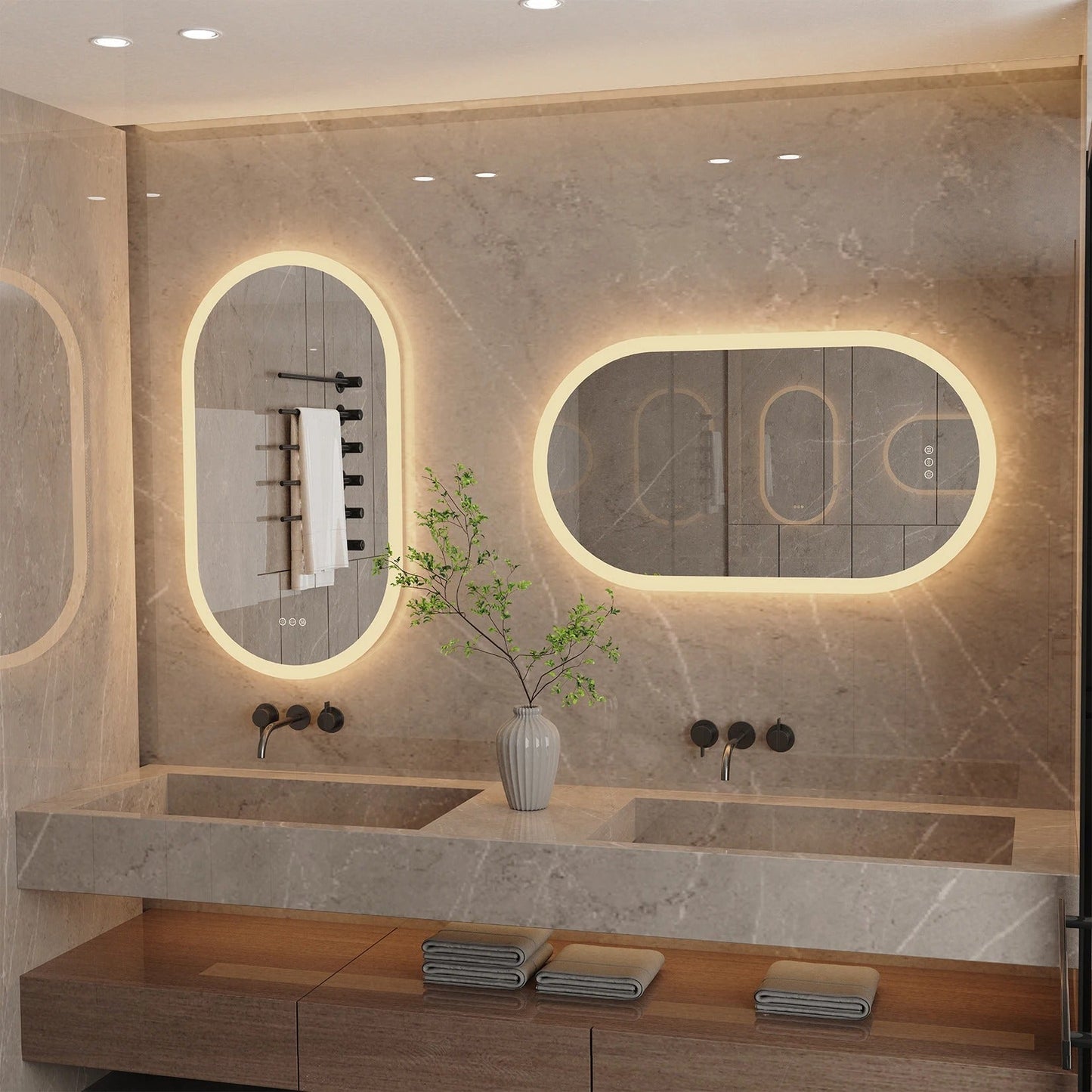 Espejo de Baño LED Ovalado y Arqueado Grande con Retroiluminación, Antivaho y 3 Colores Inteligentes para Maquillaje