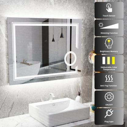 Espejo de Baño LED Inteligente Rectangular con Doble Iluminación y Aumento 3X