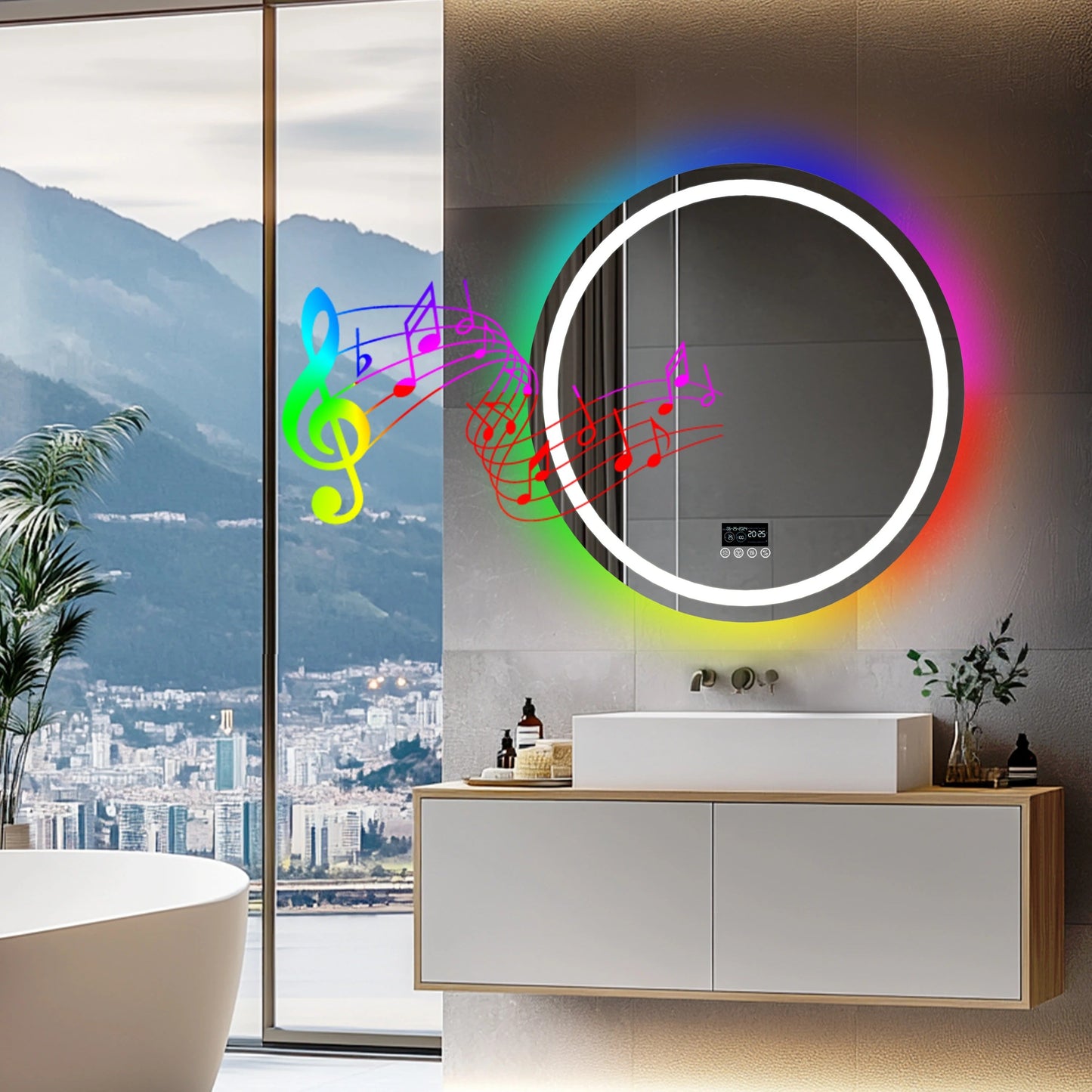 Espejo LED Inteligente Redondo RGB Glitzy con Altavoces Bluetooth, Doble Iluminación y Antivaho para Baño