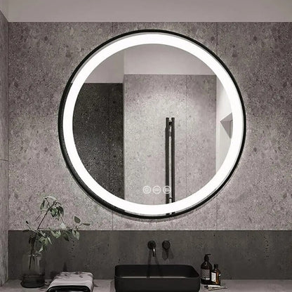 Espejo Redondo con Marco Negro para Baño, Espejo de Tocador Iluminado con Luz Frontal, Montado en la Pared, Antivaho y Control Táctil Regulable