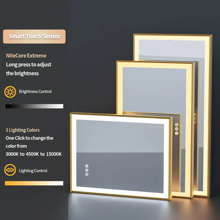 Espejo LED Inteligente Rectangular con Marco de Aluminio Dorado, Luz Frontal, Antivaho y Montaje en Pared para Baño