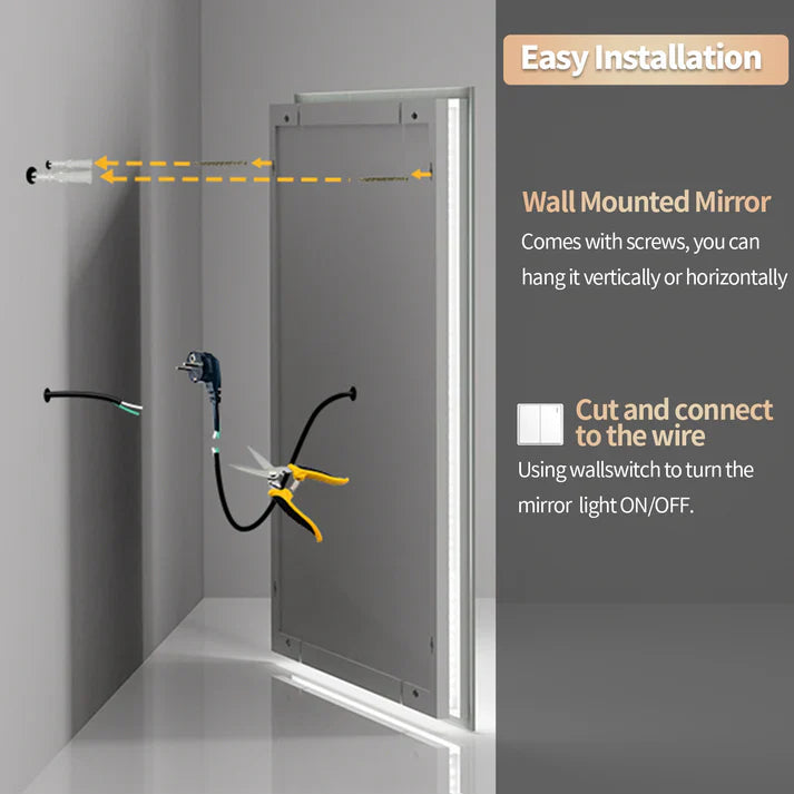 Espejo Inteligente de Baño LED Cuadrado con Doble Iluminación, Montaje en Pared, Antivaho