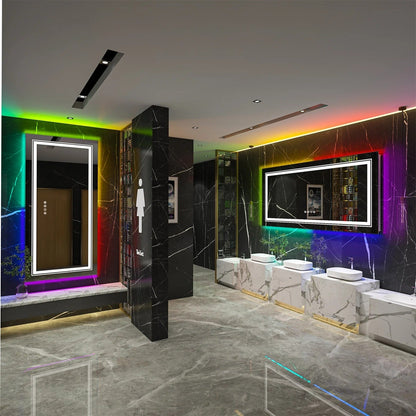 Espejo de Baño LED Rectangular Grande Glitzy RGB con Doble Iluminación, Retroiluminación RGB de Color Variable, Regulable, Antivaho y a Prueba de Roturas