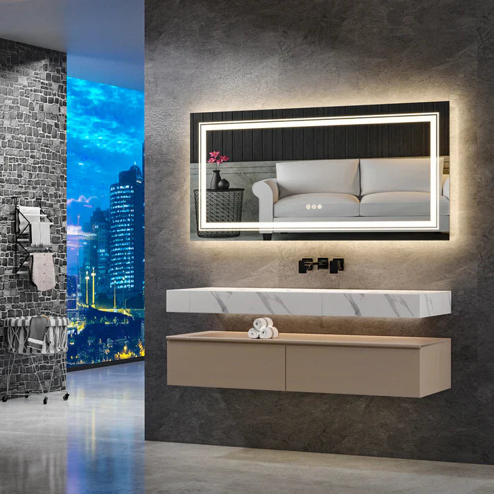 Espejo de Baño LED Rectangular Extra Grande en Múltiples Tamaños con Doble Iluminación, Regulable, Antivaho y 3 Colores