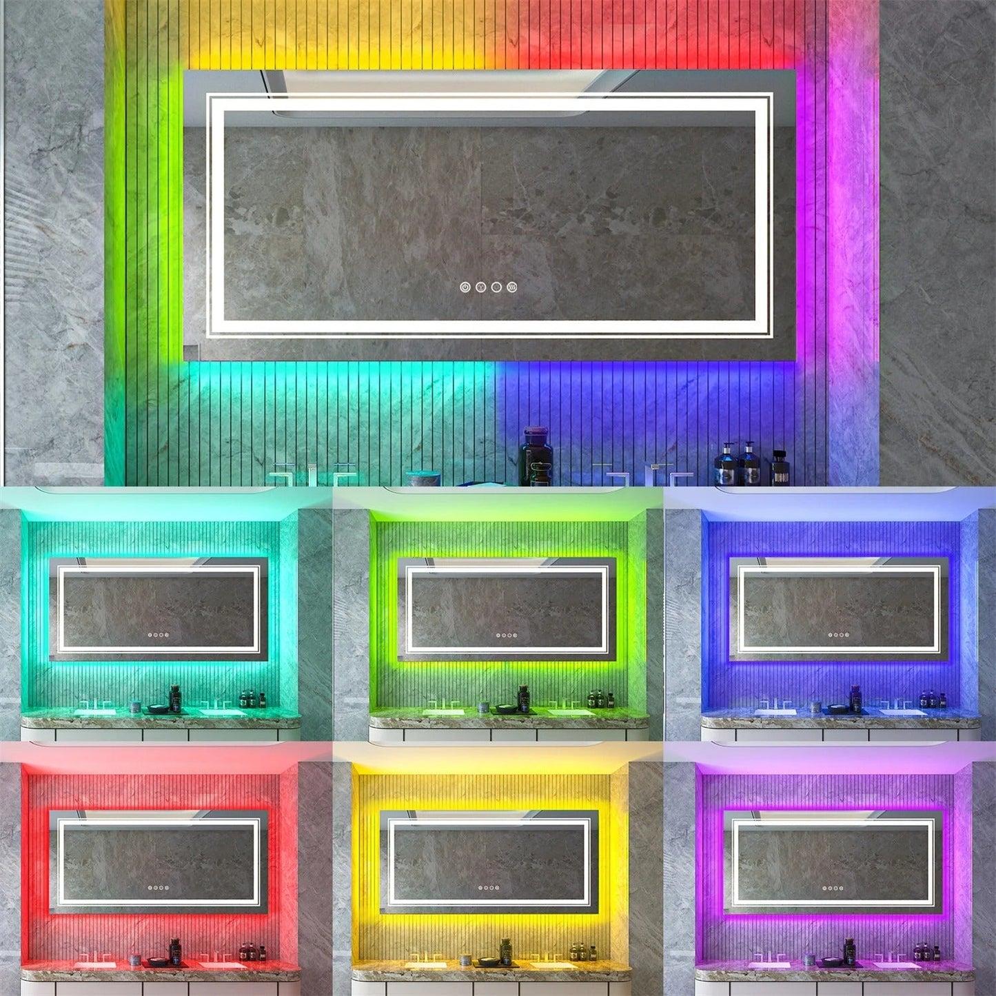 Espejo de Baño LED Rectangular Grande Glitzy RGB con Doble Iluminación, Retroiluminación RGB de Color Variable, Regulable, Antivaho y a Prueba de Roturas