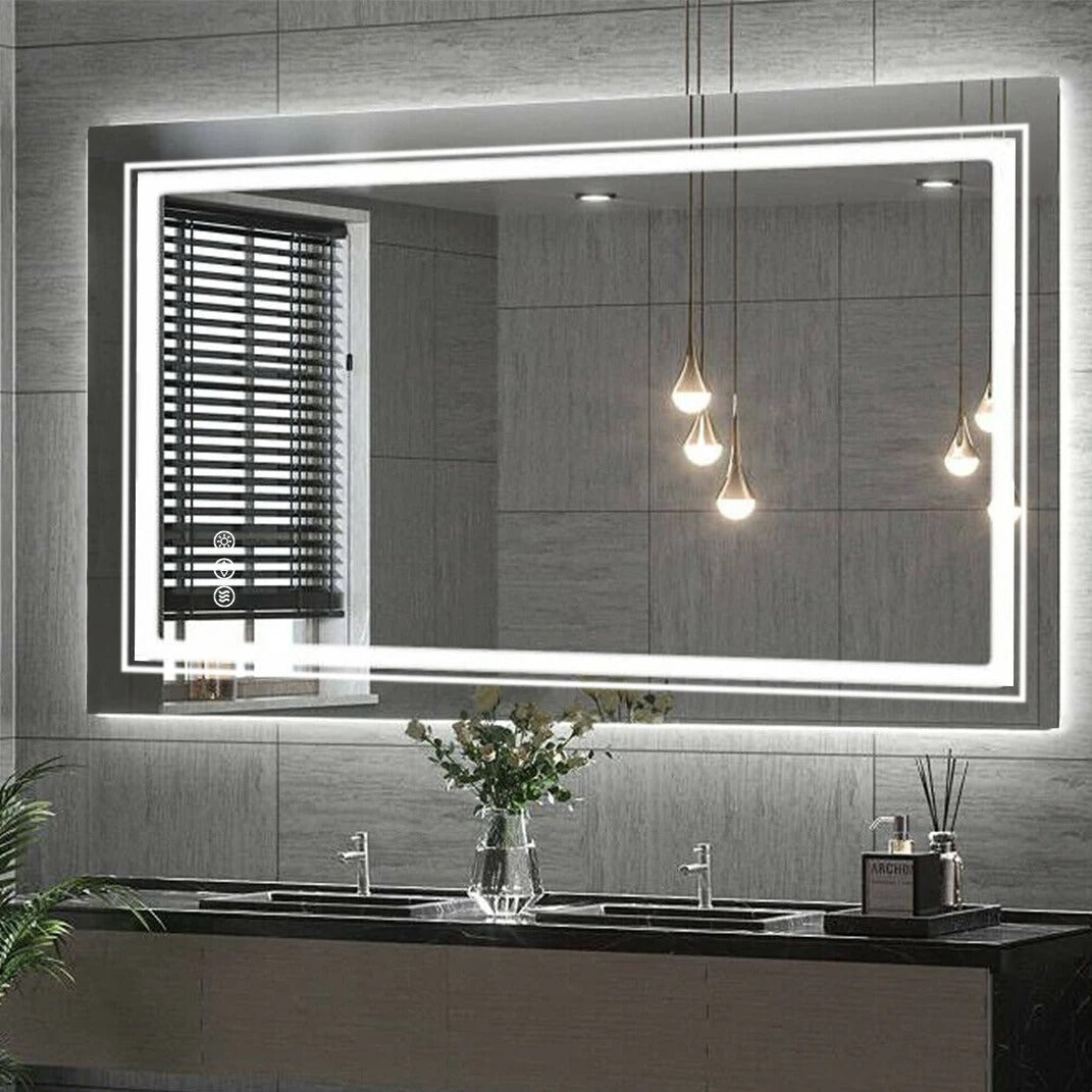 Espejo de Baño LED Rectangular Extra Grande en Múltiples Tamaños con Doble Iluminación, Regulable, Antivaho y 3 Colores