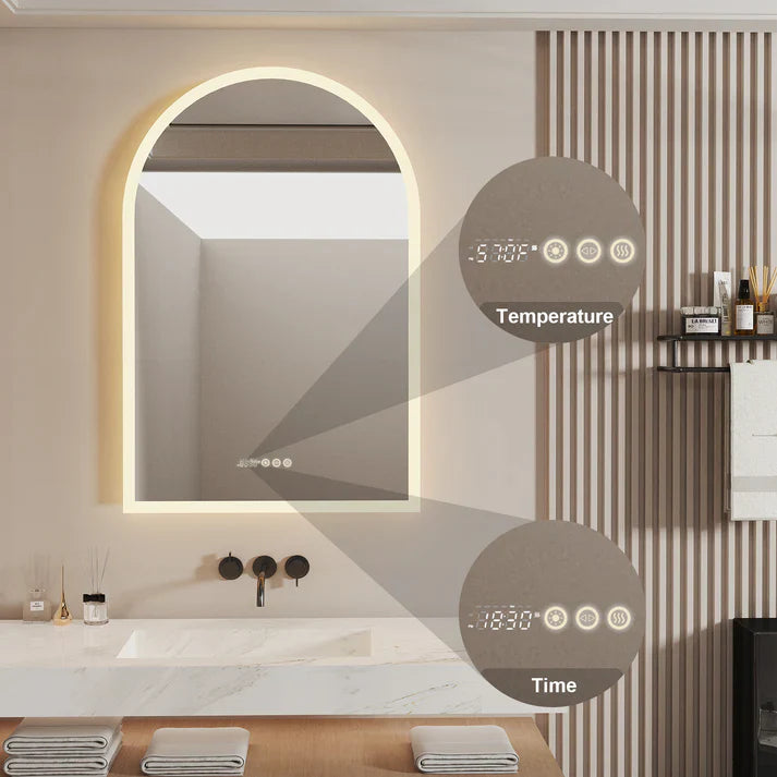 Espejo de Maquillaje LED con Retroiluminación Arqueado, Iluminación Inteligente para Baño, Montaje en Pared, Antivaho