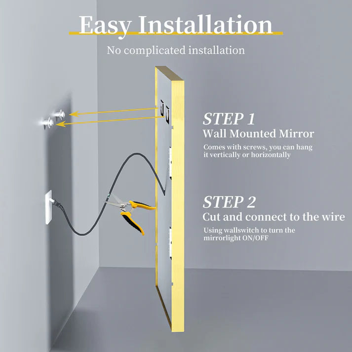 Espejo LED Inteligente Rectangular con Marco de Aluminio Dorado, Luz Frontal, Antivaho y Montaje en Pared para Baño