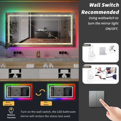 Espejo de Baño LED Rectangular Grande Glitzy RGB con Doble Iluminación, Retroiluminación RGB de Color Variable, Regulable, Antivaho y a Prueba de Roturas