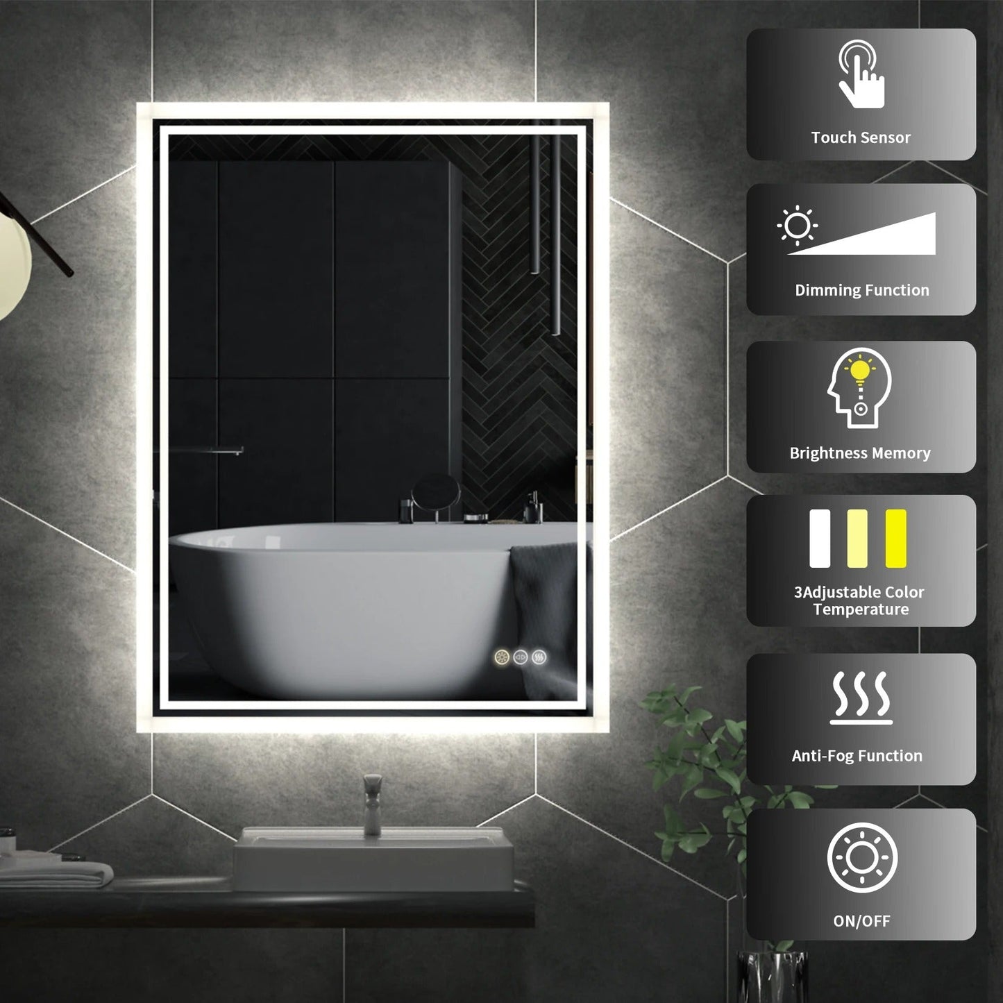 Espejo de Baño LED Rectangular con Retroiluminación, Gran Tamaño, Regulable, Control Táctil e Impermeable