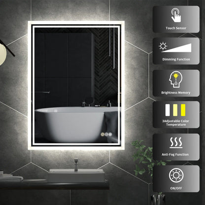 Espejo de Baño LED Rectangular con Retroiluminación, Gran Tamaño, Regulable, Control Táctil e Impermeable