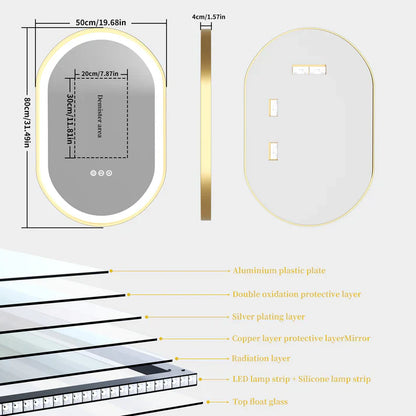 Espejo de Baño LED Ovalado con Marco de Aluminio Dorado, Iluminación Frontal Inteligente, Montaje en Pared y Función Antivaho