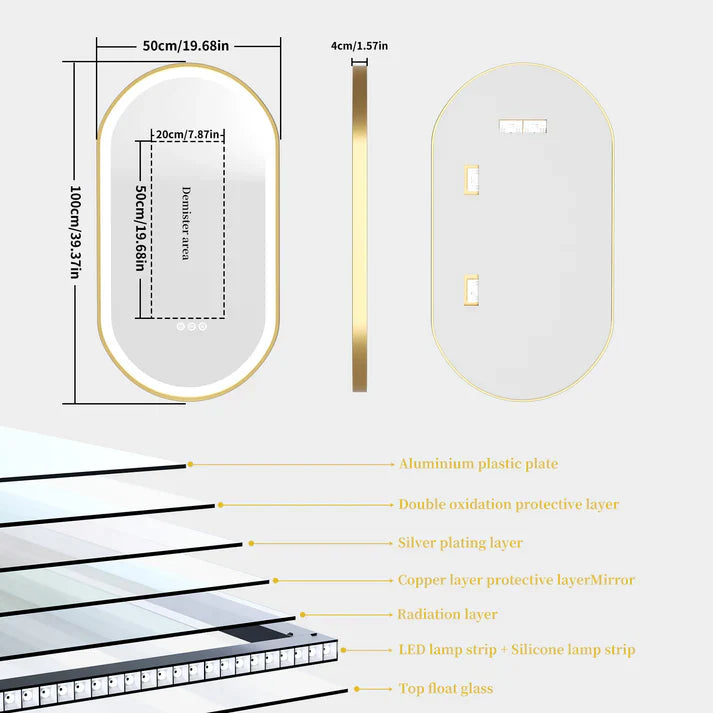 Espejo de Baño LED Ovalado con Marco de Aluminio Dorado, Iluminación Frontal Inteligente, Montaje en Pared y Función Antivaho