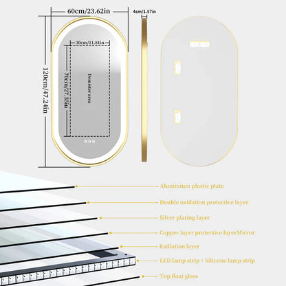 Espejo de Baño LED Ovalado con Marco de Aluminio Dorado, Iluminación Frontal Inteligente, Montaje en Pared y Función Antivaho