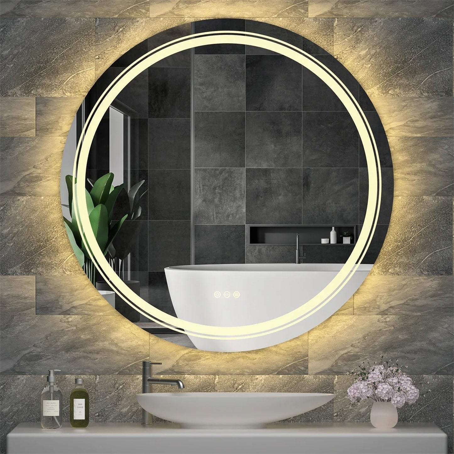 Espejo de Baño LED de Tocador Redondo Extra Grande de 90 cm con Doble Iluminación, Luces Regulables y Antivaho