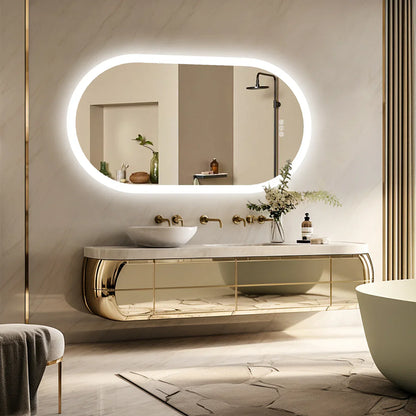 Espejo de Baño LED Ovalado y Arqueado Grande con Retroiluminación, Antivaho y 3 Colores Inteligentes para Maquillaje