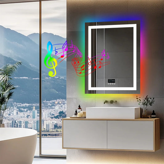 Espejo de Baño LED Inteligente RGB Rectangular de 70x90CM con Bluetooth, Antivaho, Iluminación Retroiluminada y Altavoz Integrado