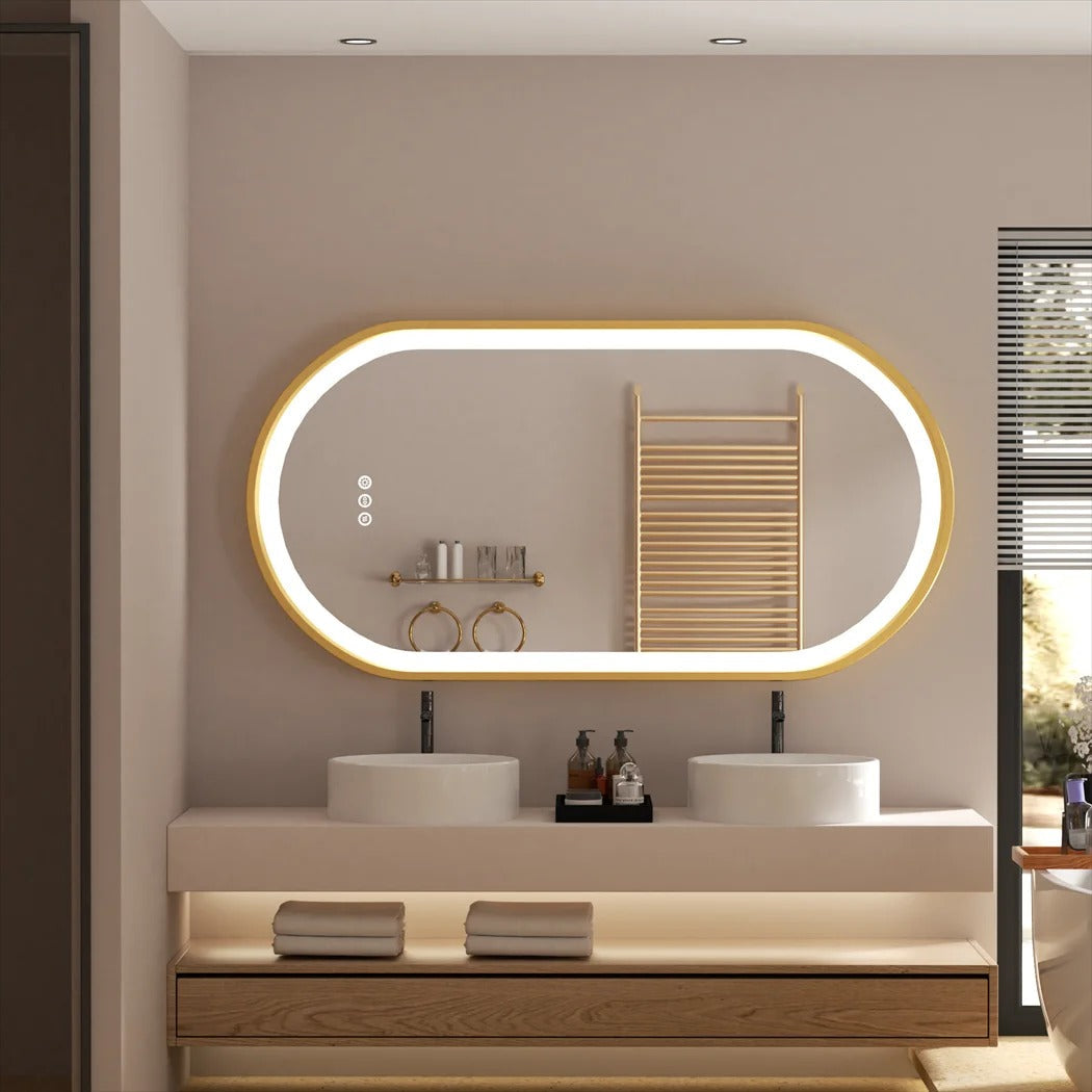 Espejo de Baño LED Ovalado con Marco de Aluminio Dorado, Iluminación Frontal Inteligente, Montaje en Pared y Función Antivaho