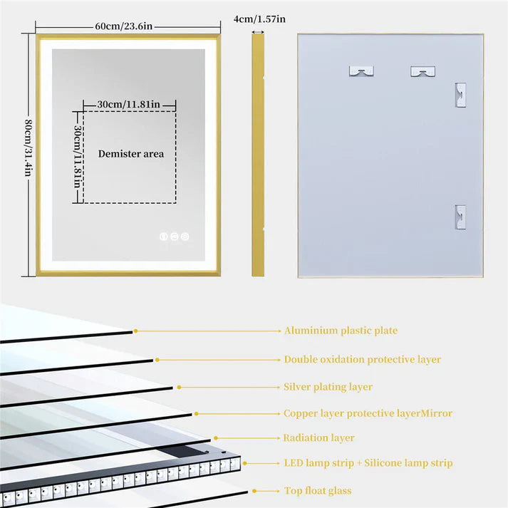 Espejo LED Inteligente Rectangular con Marco de Aluminio Dorado, Luz Frontal, Antivaho y Montaje en Pared para Baño