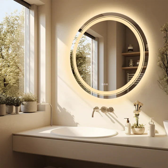 Espejo Redondo Inteligente para Baño con Doble Iluminación LED, Regulable y Antivaho, Montaje en Pared