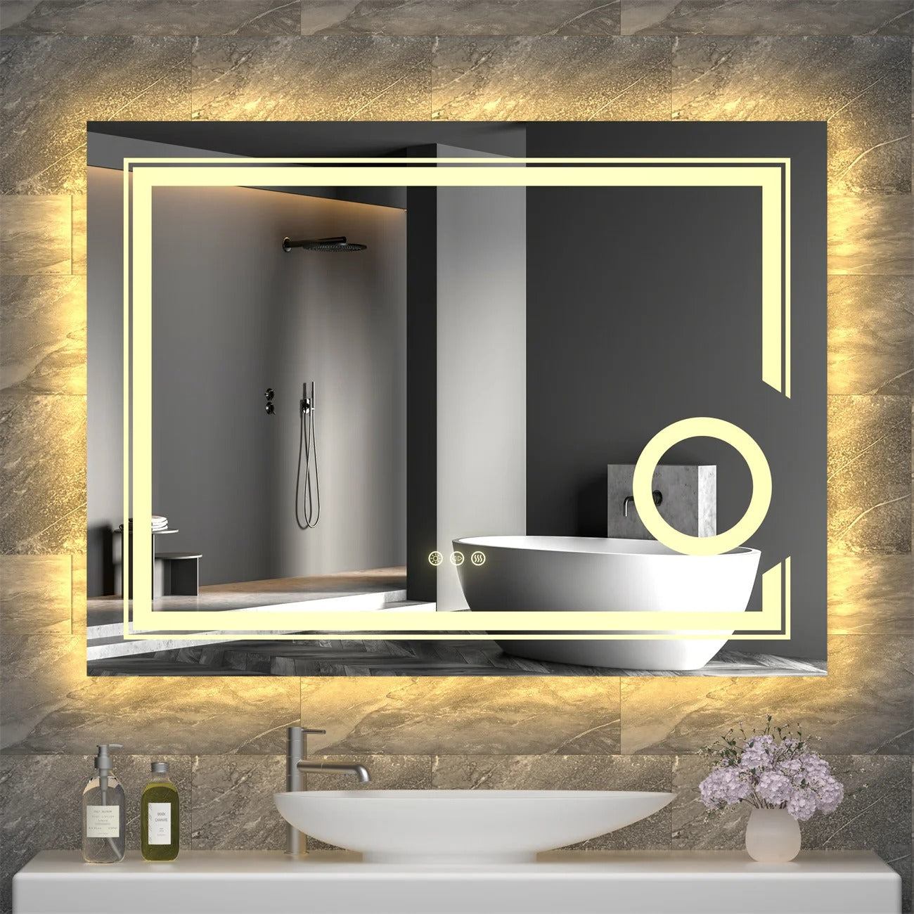 Espejo de Baño LED Inteligente Rectangular con Doble Iluminación y Aumento 3X