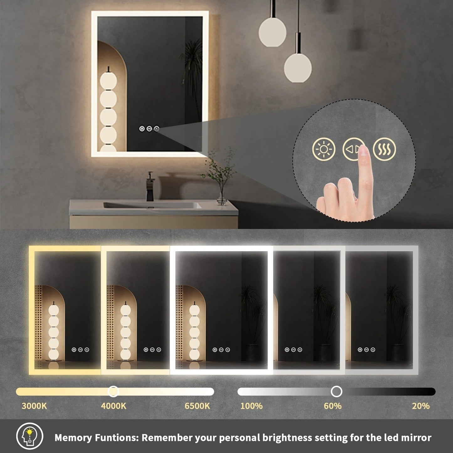 Espejo de Baño LED Inteligente Rectangular con Luz Frontal, Antivaho, Montaje en Pared y Botón Táctil con Función de Memoria