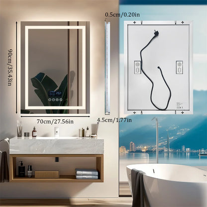 Espejo de Baño Inteligente Rectangular con Bluetooth, Pantalla de Hora y Temperatura, Luz Doble, LED Regulable, Antivaho y Altavoz Integrado