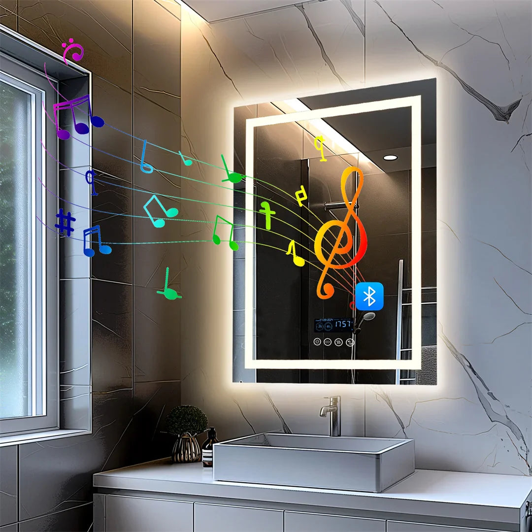 Espejo de Baño Inteligente Rectangular con Bluetooth, Pantalla de Hora y Temperatura, Luz Doble, LED Regulable, Antivaho y Altavoz Integrado