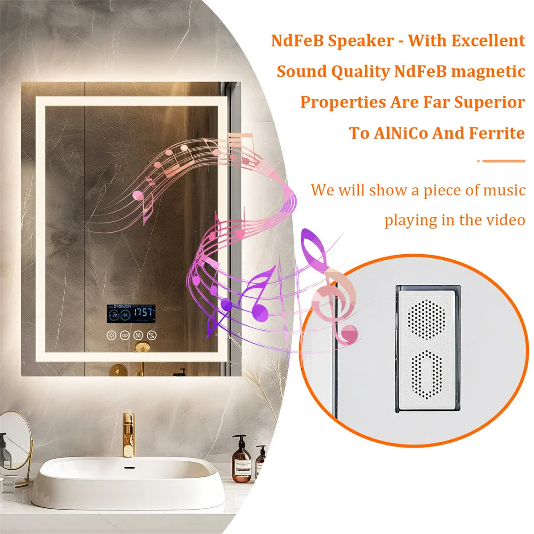 Espejo de Baño Inteligente Rectangular con Bluetooth, Pantalla de Hora y Temperatura, Luz Doble, LED Regulable, Antivaho y Altavoz Integrado