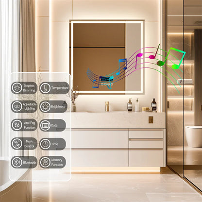 Espejo de Baño Cuadrado Inteligente con Iluminación LED, Altavoz Bluetooth, Doble Luz, Espejo de Pared para Tocador con Pantalla de Hora, Fecha y Temperatura