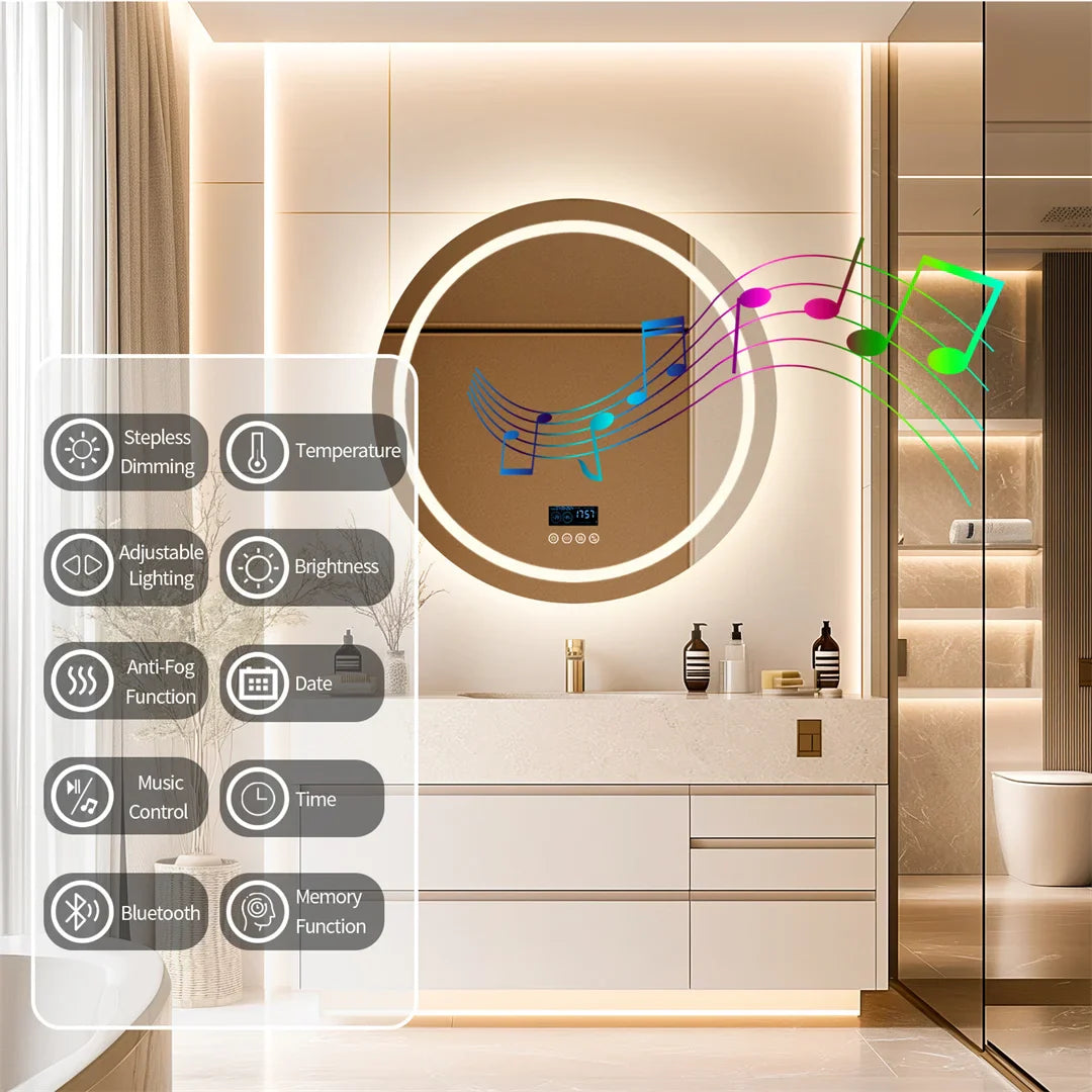 Espejo de Baño Redondo Inteligente con Doble Altavoz Bluetooth, Doble Iluminación, Antivaho y Pantalla de Hora y Temperatura