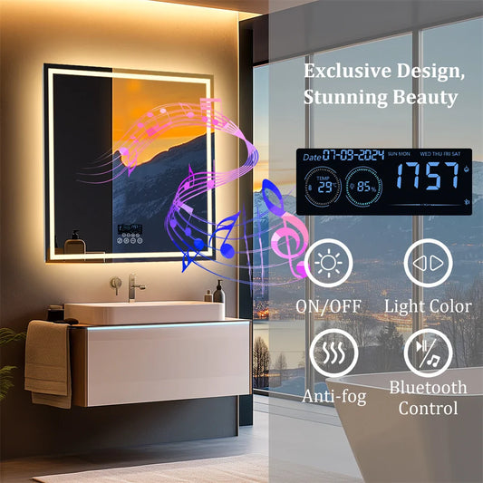 Espejo de Baño Cuadrado Inteligente con Iluminación LED, Altavoz Bluetooth, Doble Luz, Espejo de Pared para Tocador con Pantalla de Hora, Fecha y Temperatura