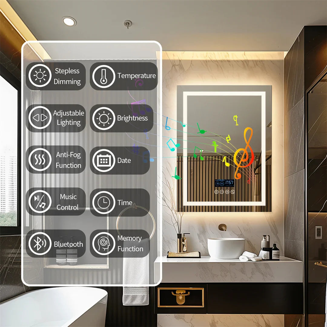 Espejo de Baño Inteligente Rectangular con Bluetooth, Pantalla de Hora y Temperatura, Luz Doble, LED Regulable, Antivaho y Altavoz Integrado