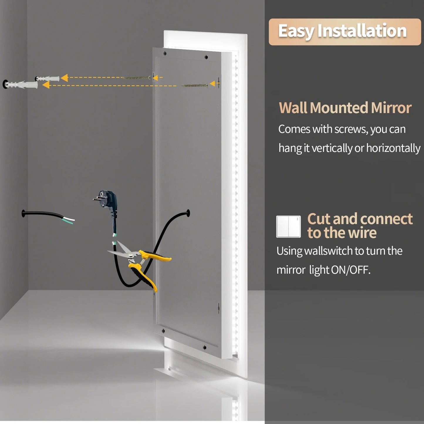 Espejo de Baño LED Inteligente Rectangular con Luz Frontal, Antivaho, Montaje en Pared y Botón Táctil con Función de Memoria