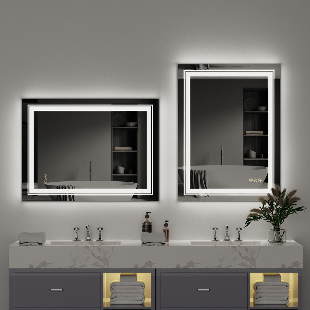 Espejo de Baño LED Rectangular con Doble Iluminación, Iluminación Inteligente, Regulable y Antivaho, Ideal para Maquillaje