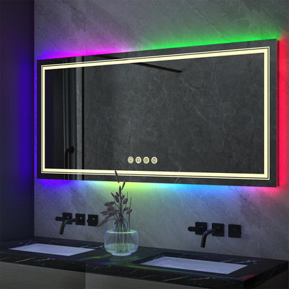 Espejo de Baño LED Rectangular Grande Glitzy RGB con Doble Iluminación, Retroiluminación RGB de Color Variable, Regulable, Antivaho y a Prueba de Roturas