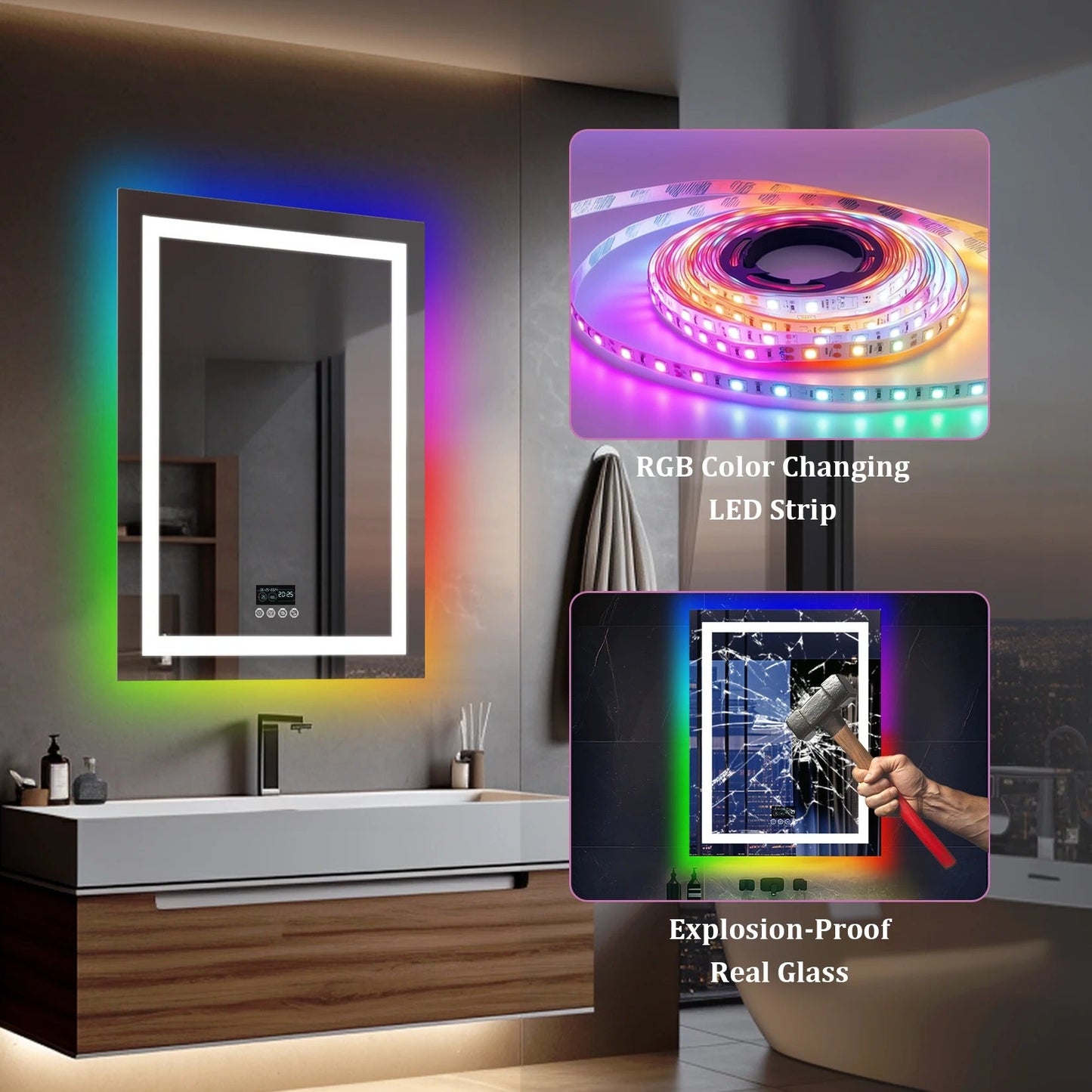 Espejo LED Inteligente Rectangular RGB Brillante con Altavoces Bluetooth, Doble Iluminación y Antivaho para Baño