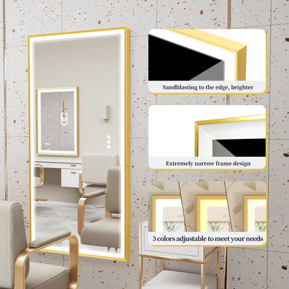 Espejo de Baño LED Rectangular Extra Grande con Marco de Aluminio Dorado e Iluminación Frontal