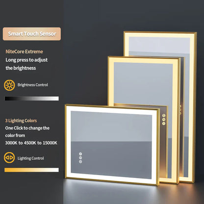 Espejo de Baño LED Rectangular Extra Grande con Marco de Aluminio Dorado e Iluminación Frontal