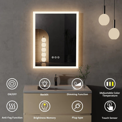 Espejo de Baño LED Inteligente Rectangular con Luz Frontal, Antivaho, Montaje en Pared y Botón Táctil con Función de Memoria