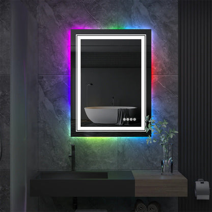 Espejo de Baño LED Rectangular Grande Glitzy RGB con Doble Iluminación, Retroiluminación RGB de Color Variable, Regulable, Antivaho y a Prueba de Roturas