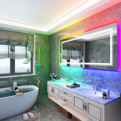 Espejo de Baño LED Rectangular Grande Glitzy RGB con Doble Iluminación, Retroiluminación RGB de Color Variable, Regulable, Antivaho y a Prueba de Roturas