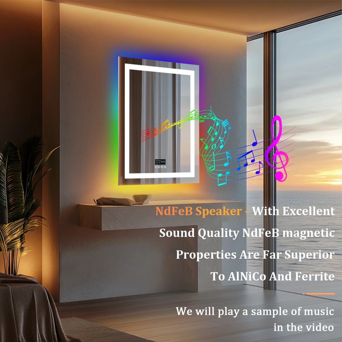 Espejo LED Inteligente Rectangular RGB Brillante con Altavoces Bluetooth, Doble Iluminación y Antivaho para Baño