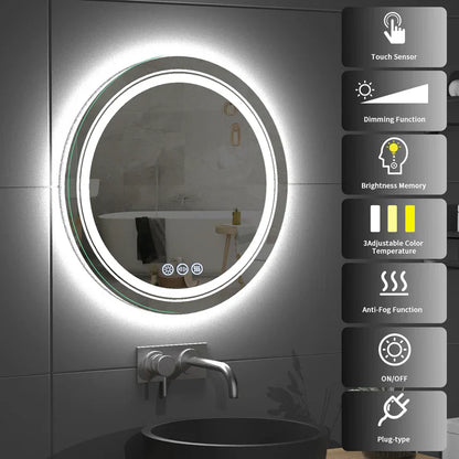 Espejo Redondo Inteligente para Baño con Doble Iluminación LED, Regulable y Antivaho, Montaje en Pared