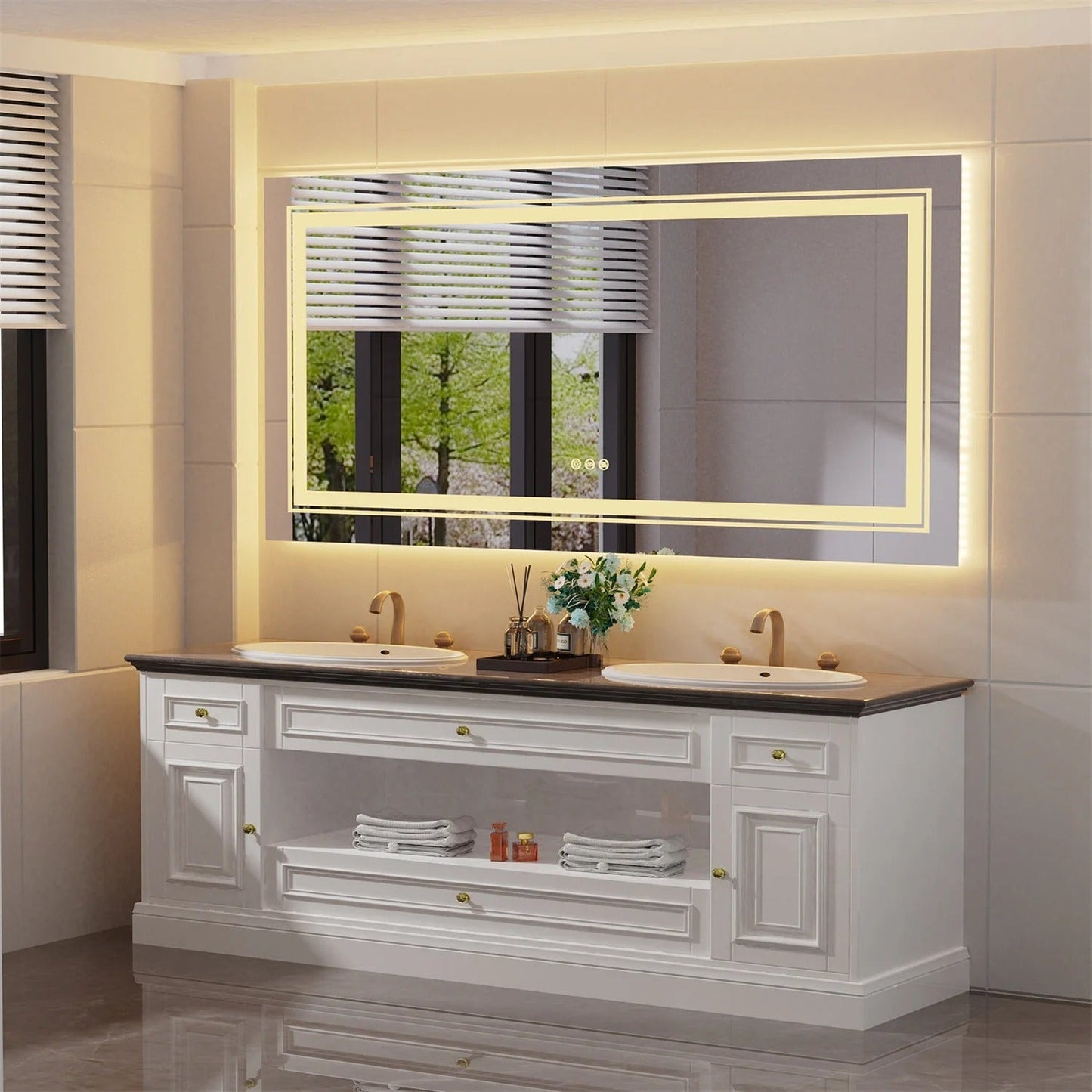 Espejo de Baño LED Rectangular Extra Grande con Doble Iluminación, Luces Duales, Antivaho, Función de Memoria y Regulable en 3 Colores