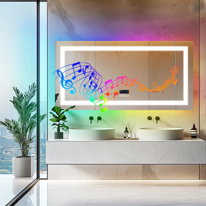 Espejo LED Inteligente Rectangular RGB Brillante de Múltiples Tamaños con Altavoces Bluetooth, Doble Iluminación y Antivaho para Baño