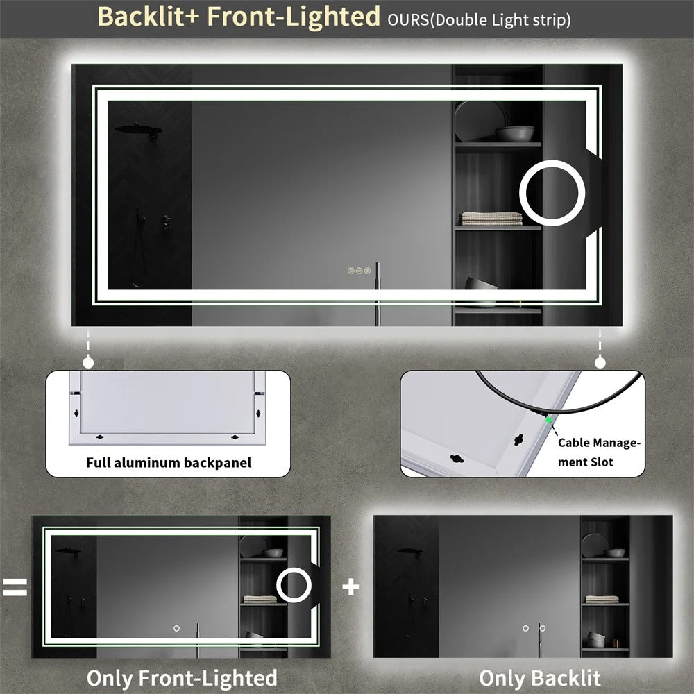 Espejo de Baño LED Inteligente Rectangular Extra Grande con Doble Iluminación y Aumento 3X