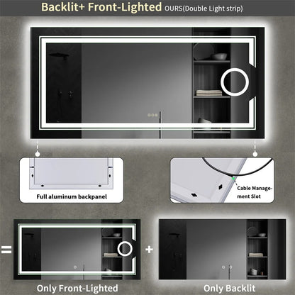 Espejo de Baño LED Inteligente Rectangular Extra Grande con Doble Iluminación y Aumento 3X