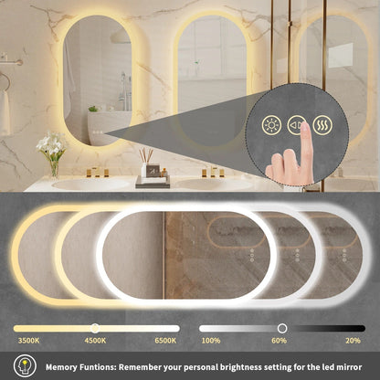 Espejo de Baño LED Ovalado y Arqueado Grande con Retroiluminación, Antivaho y 3 Colores Inteligentes para Maquillaje