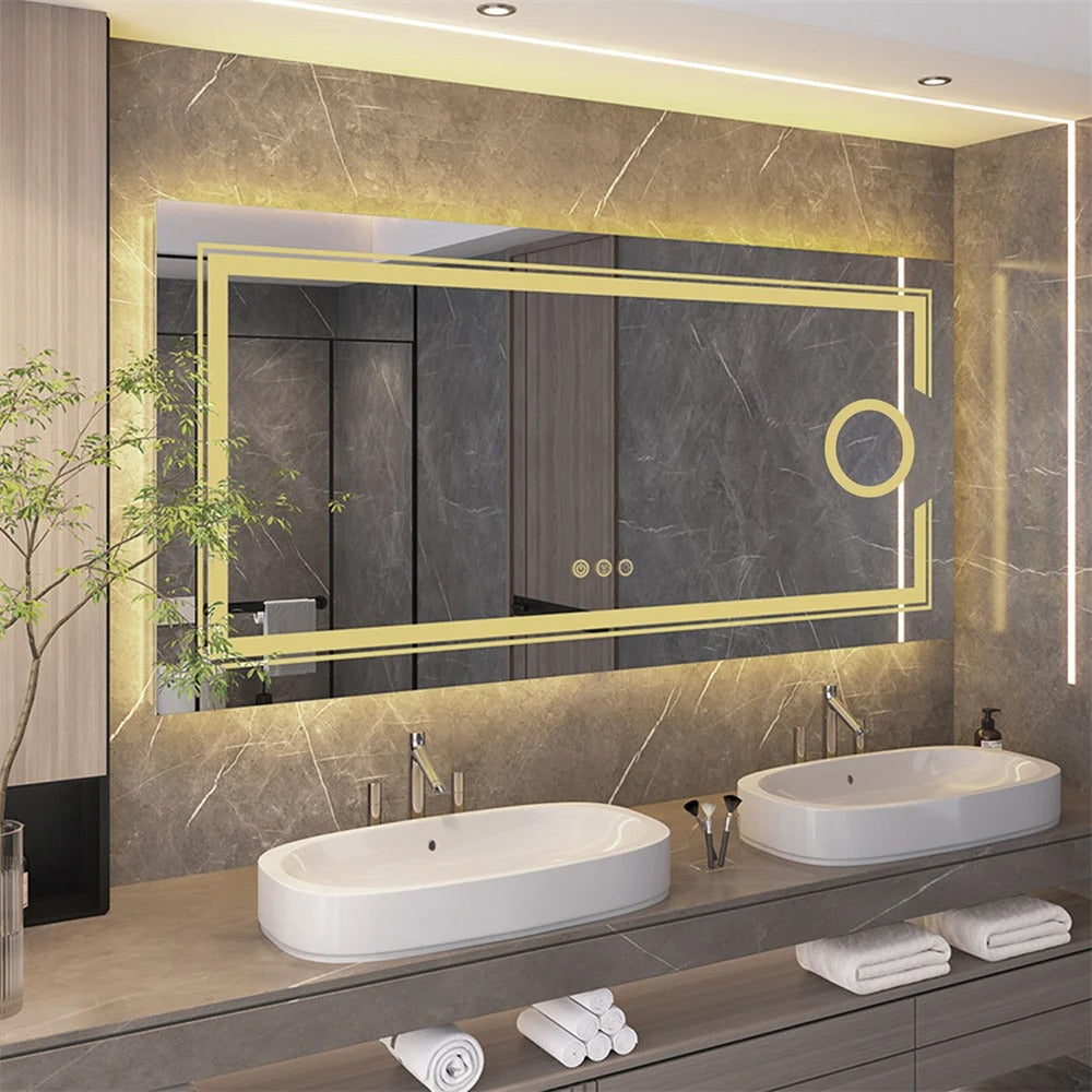 Espejo de Baño LED Inteligente Rectangular Extra Grande con Doble Iluminación y Aumento 3X